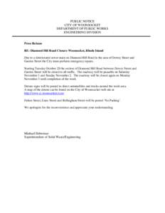 PUBLIC NOTICE CITY OF WOONSOCKET DEPARTMENT OF PUBLIC WORKS ENGINEERING DIVISION  Press Release