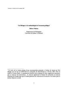 Economies et Sociétés, série Oeconomia, 2005  Carl Menger et la méthodologie de l’économie politique*