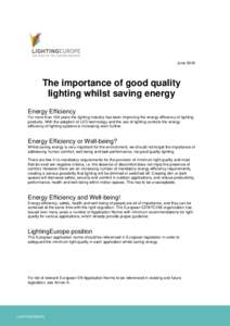 JuneThe importance of good quality lighting whilst saving energy Energy Efficiency For more than 100 years the lighting industry has been improving the energy efficiency of lighting