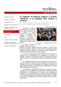 NOTA DE PRENSA  El Gobierno de Navarra instituye el Premio “Berdinna” a la igualdad entre mujeres y hombres