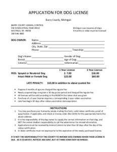 APPLICATION FOR DOG LICENSE Barry County, Michigan BARRY COUNTY ANIMAL CONTROL 540 N INDUSTRIAL PARK DRIVE HASTINGS, MI4885