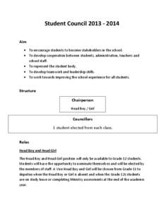 Student Council[removed]Aim  To encourage students to become stakeholders in the school.  To develop cooperation between students, administration, teachers and school staff.  To represent the student body.