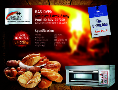 GAS OVEN  Gas oven 1 deck 2 tray Prod. ID: BOV-ARF20H 139.00cm x 93.00cm x 66.00cm