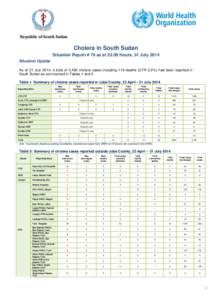 Republic of South Sudan  Cholera in South Sudan Situation Report # 76 as at 23:59 Hours, 31 July 2014 Situation Update As of 31 July 2014, a total of 5,484 cholera cases including 119 deaths (CFR 2.2%) had been reported 