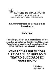 COMUNE DI FRASSINORO Provincia di Modena Piazza Miani, nr[removed]Frassinoro (MO) L’Amministrazione Comunale di Frassinoro