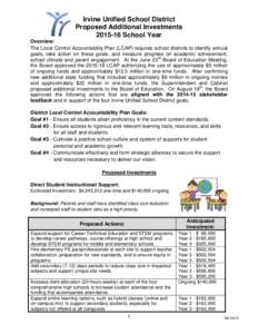 Irvine Unified School District Proposed Additional InvestmentsSchool Year Overview: The Local Control Accountability Plan (LCAP) requires school districts to identify annual goals, take action on these goals, an