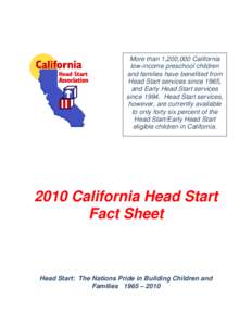 More than 1,200,000 California low-income preschool children and families have benefited from Head Start services since 1965, and Early Head Start services since[removed]Head Start services,