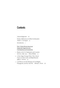 Contents 		Acknowledgments  vii 		 Preface: Reflections of a Black Ambassador  Walter C. Carrington ix 		Introduction  1 Part I: Early African American