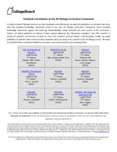 Textbook Correlations to the AP Biology Curriculum Framework In order to help AP Biology teachers use their textbooks most effectively, we asked the publishers to correlate their texts with the Essential Knowledge statem