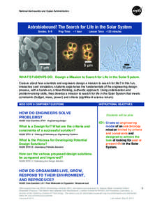 National Aeronautics and Space Administration  	
   Astrobiobound! The Search for Life in the Solar System Grades: 6-8
