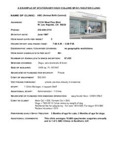 A EXAMPLE OF STATIONARY HIGH VOLUME SPAY/NEUTER CLINIC NAME OF CLINIC: ABC (Animal Birth Control) Address: 11314 West Pico Blvd. W. Los Angeles, CA 90232