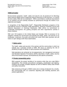 Brenntag North America, Inc. Health, Safety, Security & Environmental Policy Page 1 of 2 Implementation Date: [removed]Revision Date: