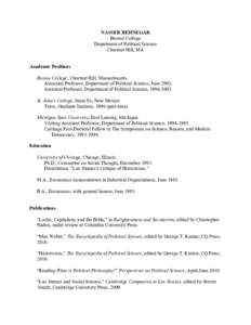 NASSER BEHNEGAR Boston College Department of Political Science Chestnut Hill, MA Academic Positions Boston College, Chestnut Hill, Massachusetts.