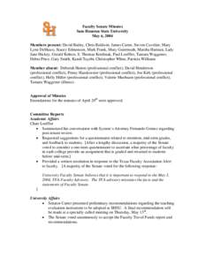 Faculty Senate Minutes Sam Houston State University May 6, 2004 Members present: David Bailey, Chris Baldwin, James Carter, Steven Cuvelier, Mary Lynn DeShazo, Stacey Edmonson, Mark Frank, Mary Gutermuth, Marsha Harman, 