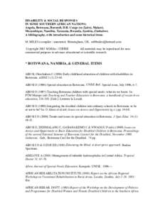 DISABILITY & SOCIAL RESPONSES IN SOME SOUTHERN AFRICAN NATIONS: Angola, Botswana, Burundi, D.R. Congo (ex Zaire), Malawi, Mozambique, Namibia, Tanzania, Rwanda, Zambia, Zimbabwe. A bibliography, with introduction and som