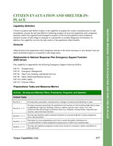 CITIZEN EVACUATION AND SHELTER-INPLACE Capability Definition Outcome Affected and at-risk populations (and companion animals to the extent necessary to save human lives) are safely sheltered-in-place or evacuated to safe