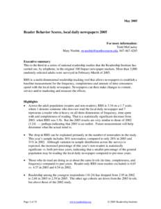 MayReader Behavior Scores, local daily newspapers 2005 For more information: Todd McCauley Mary Nesbitt, , 