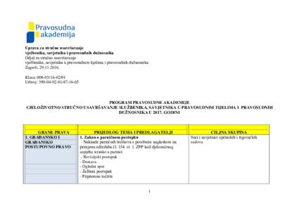 Uprava za stručno usavršavanje vježbenika, savjetnika i pravosudnih dužnosnika Odjel za stručno usavršavanje vježbenika, savjetnika u pravosudnim tijelima i pravosudnih dužnosnika Zagreb, Klasa: 008-0