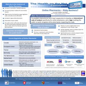 Risks due to the Existence of Online Pharmacies Increase in counterfeit / falsified medicines Online Pharmacies – Risky Business?