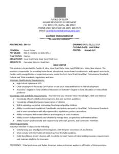 PUEBLO OF ISLETA HUMAN RESOURCES DEPARTMENT P.O. BOX 1270, ISLETA, NM[removed]PHONE: ([removed]FAX: ([removed]EMAIL: [removed] VACANCY ANNOUNCEMENT