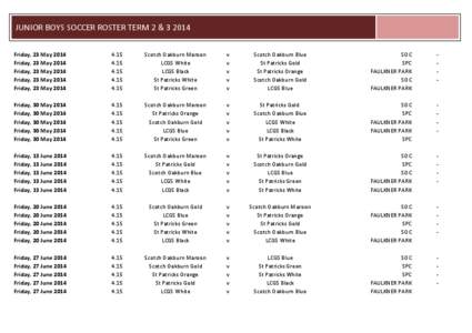 JUNIOR BOYS SOCCER ROSTER TERM 2 &[removed]Friday, 23 May 2014 Friday, 23 May 2014