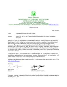 Letter to Credit Unions - Fed, FDIC, NCUA and Comptroller Joint Response to Gov. Inslee on Banking