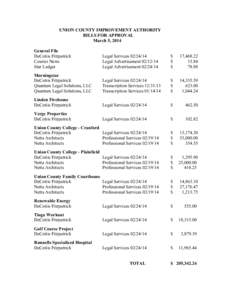 UNION COUNTY IMPROVEMENT AUTHORITY BILLS FOR APPROVAL March 5, 2014 General File DeCotiis Fitzpatrick Courier News