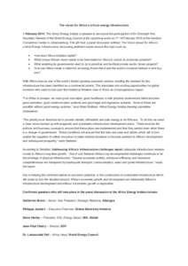 The vision for Africa’s critical energy infrastructure 1 February 2014: The Africa Energy Indaba is pleased to announce the participation of Dr Christoph Frei, Secretary General of the World Energy Council at the upcom