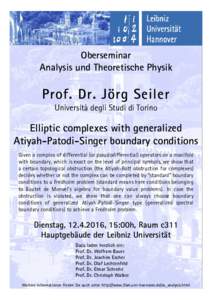 Oberseminar Analysis und Theoretische Physik Prof. Dr. Jörg Seiler Università degli Studi di Torino
