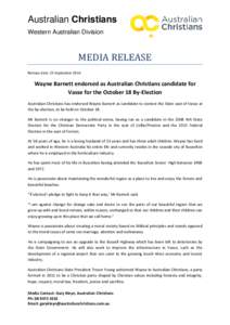 Australian Christians Western Australian Division MEDIA RELEASE Release date: 25 September 2014