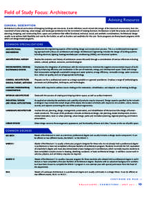 Field of Study Focus: Architecture Advising Resource GENERAL DESCRIPTION Architecture is the art and science of designing buildings and structures. A wider definition would include the design of the total built environme