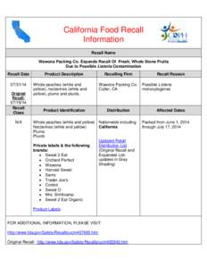 California Food Recall Information Recall Name Wawona Packing Co. Expands Recall Of Fresh, Whole Stone Fruits Due to Possible Listeria Contamination Recall Date