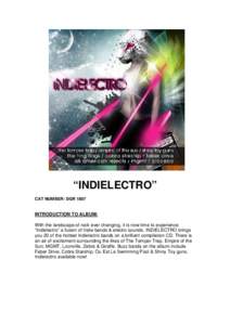 “INDIELECTRO” CAT NUMBER: DGR 1807 INTRODUCTION TO ALBUM: With the landscape of rock ever changing, it is now time to experience “Indielectro” a fusion of Indie bands & electro sounds. INDIELECTRO brings