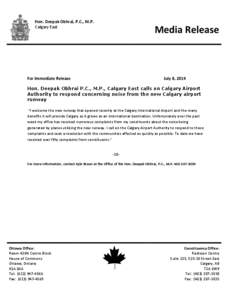 Hon. Deepak Obhrai, P.C., M.P. Calgary East Media Release  For Immediate Release