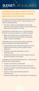 AT A GLANCE The Budget will get back to surplus in[removed]as planned, get more people into jobs and spread opportunities to more Australians The Government has taken the tough decisions necessary to ensure the budget re