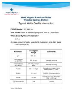 West Virginia American Water Webster Springs District Typical Water Quality Information PWSID Number: WV[removed]Area Served: Town of Webster Springs and Town of Cherry Falls