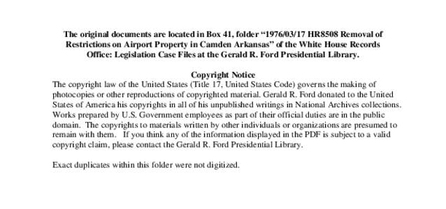 [removed]HR8508 Removal of Restrictions on Airport Property in Camden Arkansas