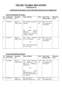 TRADE MARKS REGISTRY AHMEDABAD OPPOSITION HEARING LIST FOR THE MONTH OF OCTOBER-2013 DATE OF HEARING[removed]Sr. Application/ No. R. T. M. No.