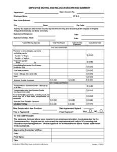 EMPLOYEE MOVING AND RELOCATION EXPENSE SUMMARY Dept. Account No.: Department: Employee Name: