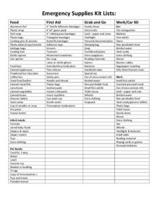 Emergency Supplies Kit Lists:  Food   First Aid   Grab and Go 