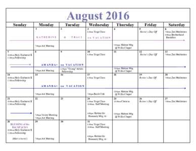 August 2016 Sunday Monday 1