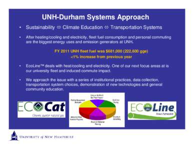 UNH-Durham Systems Approach • Sustainability  Climate Education  Transportation Systems • After heating/cooling and electricity, fleet fuel consumption and personal commuting are the biggest energy uses and emissio