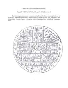 THE HYPOCEPHALUS OF SHESHONQ Copyright © 2012 by H. Michael Marquardt. All rights reserved. The following translation and comments are by Robert K. Ritner, currently Professor of Egyptology at the Oriental Institute of 