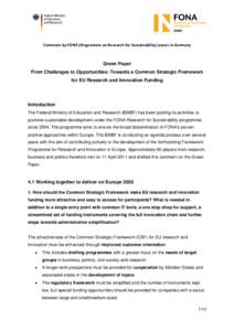 Comment by FONA (Programme on Research for Sustainability) actors in Germany   Green Paper From Challenges to Opportunities: Towards a Common Strategic Framework for EU Research and Innovation Funding