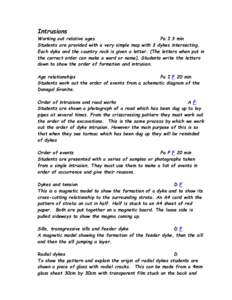 Intrusions Working out relative ages Pa I 3 min Students are provided with a very simple map with 3 dykes intersecting. Each dyke and the country rock is given a letter. (The letters when put in the correct order can mak