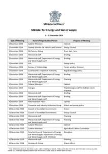 Minister diaries - Minister for Energy and Water Supply