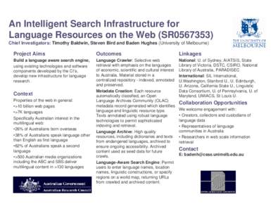 An Intelligent Search Infrastructure for Language Resources on the Web (SR0567353) Chief Investigators: Timothy Baldwin, Steven Bird and Baden Hughes (University of Melbourne) Project Aims