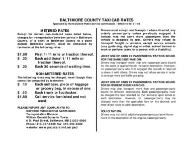 BALTIMORE COUNTY TAXICAB RATES