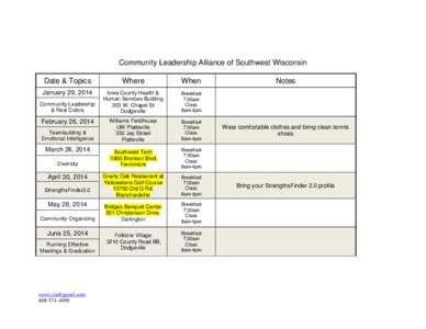 Community Leadership Alliance of Southwest Wisconsin Date & Topics Where  When