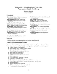 Maternal and Child Health Advisory Task Force Preconception Health Work Group Meeting Minutes October 14, 2013 ATTENDEES Wendy Hellerstedt, University of MN, School